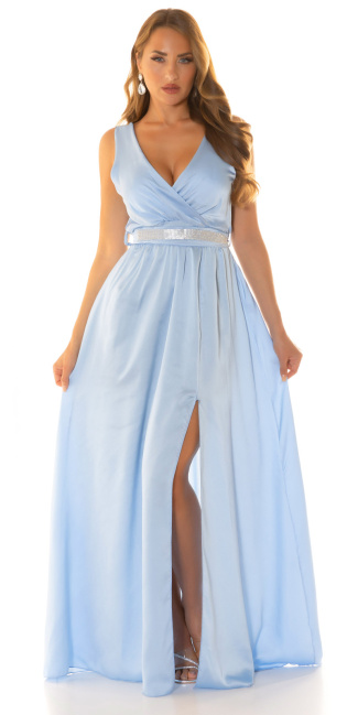 Maxi jurk satijn look met glitter riem blauw